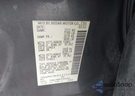 2011 Nissan Armada Platinum from USA, damaged, VIN 5N1AA0NE7BN617211